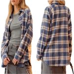 Blu Pepper Women’s M Oversized Hometown Flannel Shacket Blue Plaid Distressed Photo 0