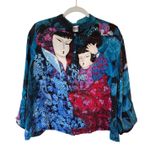 Chico's Fish Studio Style Asian Art Print Button Shirt Silk Blue Women's Size 2 Photo 0