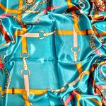 Vintage Equestrian horsebelt&chain print oversized TURQUOISE silky Scarf 35/35 Blue Photo 11
