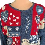 Vintage 90s Bright Red Blue Cardigan Round Neck Heart Floral Pattern Knit Large Photo 2