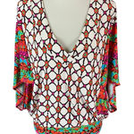 Trina Turk  Geometric Print V Neck Short Sleeve Blouse Boho Retro Top Small Swim Photo 0