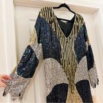 Vintage Sequin 70s Disco Midi Dress 100% Silk Iridescent Black Gold Silver L Size L Photo 3