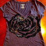 EXPRESS XS Navy Blue Vneck Tee Rose Sequins Photo 0
