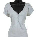 Guess  Women Blue Striped Short Sleeve Henley V Neck Rhinestone Logo Top Size L Photo 0