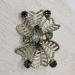 Vintage Silver Coated Flower Brooch Pin With Center Gemstone Six Petals Sparkle Photo 0