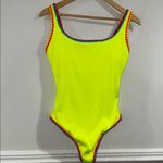 Popvil swimsuit one piece large lined electric neon yellow highlighter NEW Photo 1