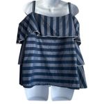 INC Women Top L Blue Monochromic Striped Tiered Flare Sleeve Ruffle Boho Girly Size L Photo 2