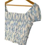 Lush Clothing New Lush Womens Size Large Cropped Top Smocked Cap Puff Sleeve White Blue Swirl Photo 3