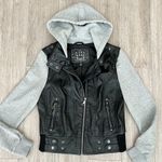 Last Kiss  Y2K Black Leather Hybrid Gray Hooded Zip Moto Jacket Size Medium Photo 5