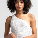 Le lis NEW NWT  Anthropologie‎ One-Shoulder Ruched Bodysuit Medium White Mesh Photo 0