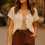 Rip Curl Rip‎ Curl Cream Crochet Collared Button-Up Knit Top XS 100% Cotton NWT Photo 0