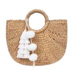JADEtribe Aloha Woven Basket Bag with White Tassel and Pom Poms NWT Tan Photo 9