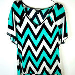 Rue 21 Teal White & Black Chevron Stripes Short Sleeve V Neck Size Small Sheer Photo 0