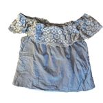 Blue Rain  Eyelet Blue Stripe Floral Coquette Off the Shoulder Shirt Photo 3