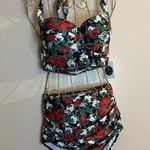 Cherry Cat XL Vintage Retro Floral High Waisted Underwire Bikini Two Piece Red Photo 0