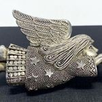 Vintage Silver Flying Angel Playing Trumpet Stars Brooch Pin Photo 1