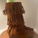 Minnetonka  Women Caramel Brown Suede Leather 3 Layer Fringe Moccasin Boot Photo 1