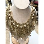 Gold Chain Fringe Necklace With Dangling Faux Pearls Adjustable Hook Closure Sta Photo 5