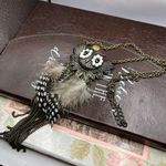 Vintage 1970s Large Rhinestone Spotted Owl Boho Feather Long Legnth Necklace White Photo 6
