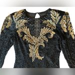 Laurence Kazar Vintage 80s Cocktail Party Black Gold Sequined Beaded Silk Dress Photo 4