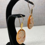 Vintage Italian Gold Cameo Earrings Oval Carved Shell Woman Face Dangle Old Orange Photo 1