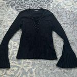 Marciano  Rib Knit Lace Up Top Flare Sleeves Black Large Photo 0