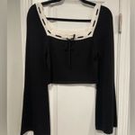 Dee Elly NWOT  Size M Black Cream Bell Sleeve Knit Crop Top Bow Scalloped Trim Photo 0