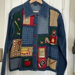 Teacher vintage patchwork denim jacket Apple math school bus Blue Photo 1