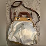 Francesco Biasia since 1977 handbag Gold shimmer bag with brown wooden handles and adjustable/removable brown leather crossbody strap. Tan Photo 15