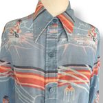 Vintage 70s JCPenney Fashions Top Western Print Blue Sheer Button Down Shirt Size M Photo 1