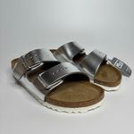 Birkenstock Arizona Metallic Leather Soft Footbed Sandals in Silver Photo 5