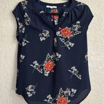 Fun 2 Fun Navy Blue Multicolor Small Floral Short Cap Sleeve Split V-Neck Blouse Photo 1