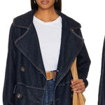 Free People  Denim Car Coat L Contrast Stitch Big Buttons Slouchy preppy boho Photo 0