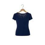 Marc’s Navy Blue Lace Neckline Top | Short Sleeve Viscose Tee Size S Blue Photo 3