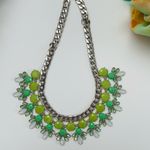 Green Rhinestone Flower Necklace Silver tone metal chain statement piece Photo 1