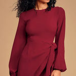 Lulus  Believe It or Knot Long Sleeve Tie-Front Skater Dress Wine Red Small Photo 0