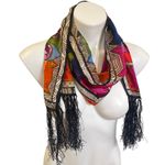 Laurel Burch Tribal Felines 100% Silk Scarf Black Fringe Cat Scarf Photo 3