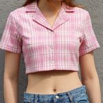 Brandy Melville 💖 Pink and White Plaid Vivian Cropped Button Top Photo 3