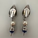 Vintage Silver Tone Clip On Drop Earrings with Pearl and Cobalt Accents Photo 4