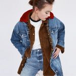 ZARA Distressed Denim Long Jean Jacket Faux Fur Collar Leopard Print Oversized S Photo 1