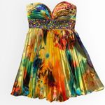 Evenings by Allure Bright Print Short Pleated Prom Dress Sz 0” Gold Photo 4