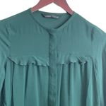 ZARA  WomenPleated Ruffle‎ Top XS Forest Green Sheer Button Up Fairy Whimsy Boho Photo 9