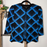Ming Wang  Black Blue Geometric Diamond Knit Open Front Cardigan Jacket PXS Photo 0
