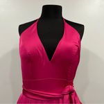 Mac Duggal 26531 Pleated Charmeuse Halter Gown Belted Formal Magenta Halter Photo 3