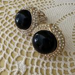 Vintage Ciner Clip on Earrings Gold Black Onyx Rhinestone Costume Statement Photo 1