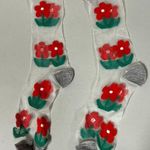 Gray Grey Red Floral Flower Graphic Sheer Ankle Socks Hosiery O/S 🌹 Photo 0