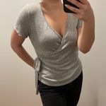 Caution to the Wind Asymmetrical Self-tie Gray Top Photo 2