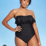 Kona Sol Crochet Ruffle Bandeau One Piece Strapless Black Swimsuit Photo 3
