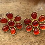 Les Bernard Gripoix Style Glass Cabochon Flower Statement Clip Earrings 1980’s Orange Photo 0