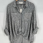 Pink Rose  Gray Leopard Print‎ Button-Up Top Roll-Tab Sleeve Gauzy Lightweight M Photo 0